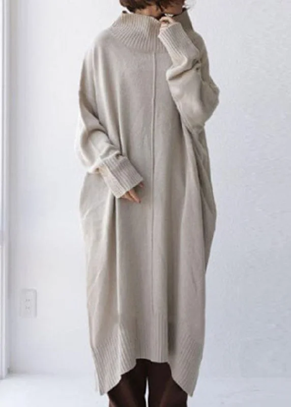 Boutique Beige High Neck Oversized Knit Sweater Dress Spring Neon Metallic Matte