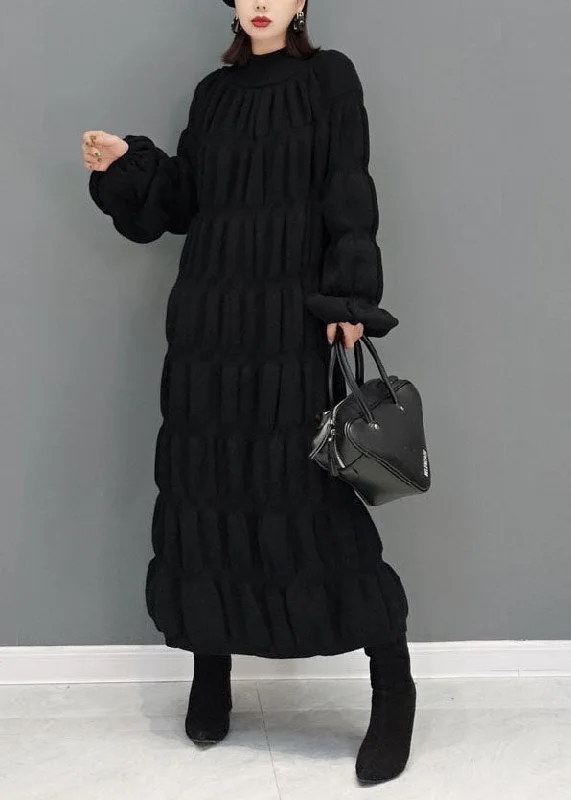 Boutique Black High Neck Thick Pleated Knit Sweater Dress Winter Denim Fabric Leather Fabric Suede Fabric Boutique Black High Neck Thick Pleated Knit Sweater Dress Winter Denim Fabric Leather Fabric Suede Fabric