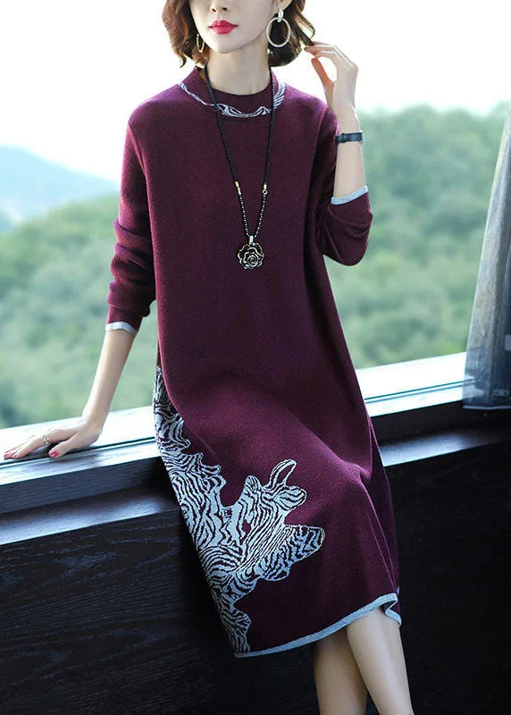 Boutique Mulberry O-Neck Jacquard Knit Sweater Dress Winter Fleece Fabric Down Fabric Feather Fabric Boutique Mulberry O-Neck Jacquard Knit Sweater Dress Winter Fleece Fabric Down Fabric Feather Fabric