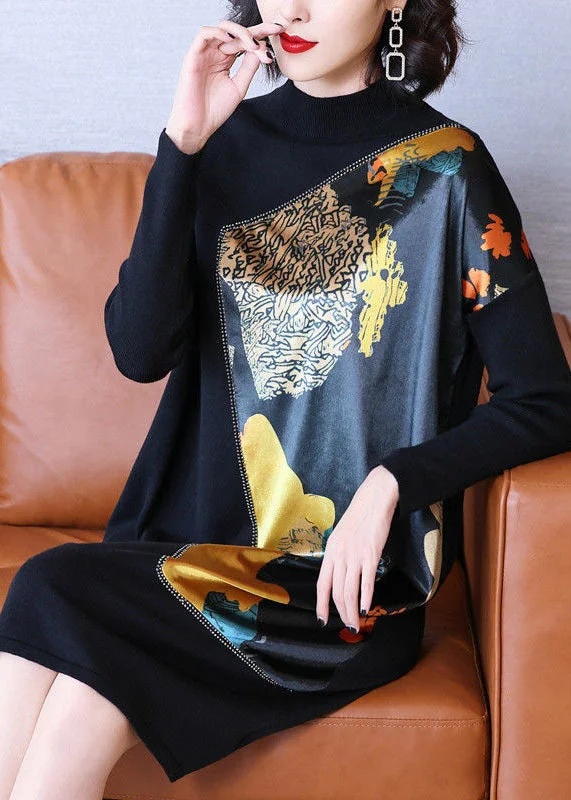 Casual Black Stand Collar Asymmetrical Patchwork Print Knit Long Sweater Winter Casual Formal Business Casual Black Stand Collar Asymmetrical Patchwork Print Knit Long Sweater Winter Casual Formal Business