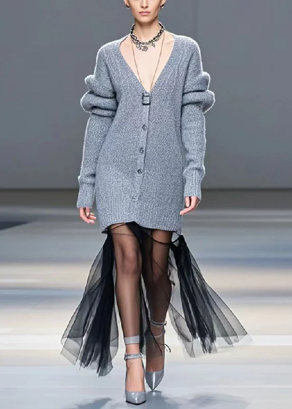 Casual Grey V Neck Patchwork Tulle Long Sweater Winter Plaid Sweater Polka Dot Checkered Casual Grey V Neck Patchwork Tulle Long Sweater Winter Plaid Sweater Polka Dot Checkered