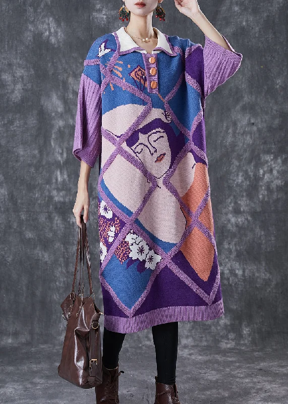 Casual Purple Peter Pan Collar Print Knit Long Sweater Half Sleeve Cashmere Blend Cotton Blend Poly Blend Casual Purple Peter Pan Collar Print Knit Long Sweater Half Sleeve Cashmere Blend Cotton Blend Poly Blend