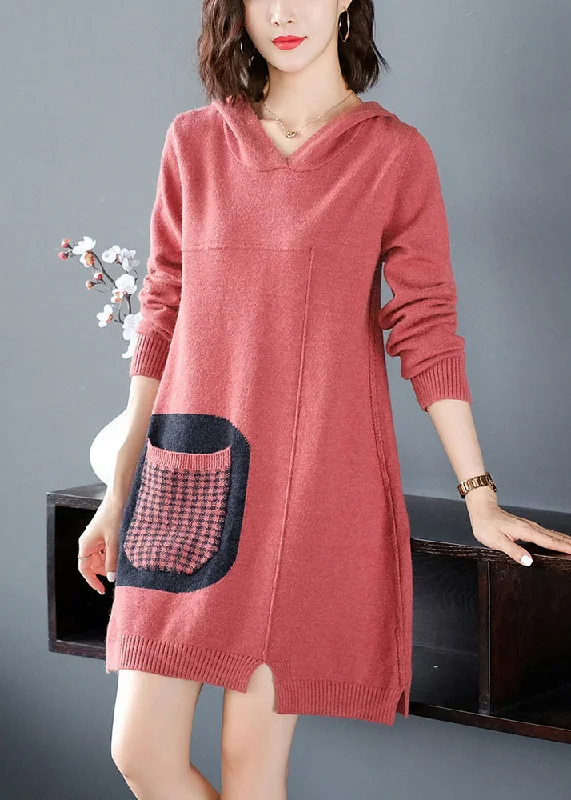 Casual Red Patchwork Knitted Cotton Thread Hooded Sweater Dress Fall Bright Pastel Dark