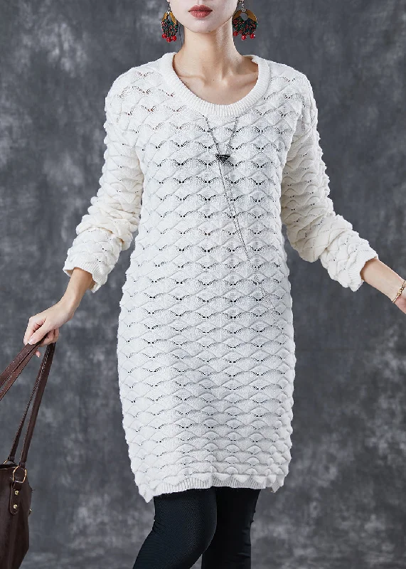 Casual White O-Neck Thick Knit Sweater Dress Winter Front Pockets Side Pockets Patch Pockets Casual White O-Neck Thick Knit Sweater Dress Winter Front Pockets Side Pockets Patch Pockets