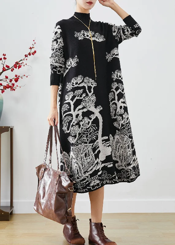 Chic Black High Neck Print Knit Sweater Dress Fall Machine Wash Dry Clean Hand Wash