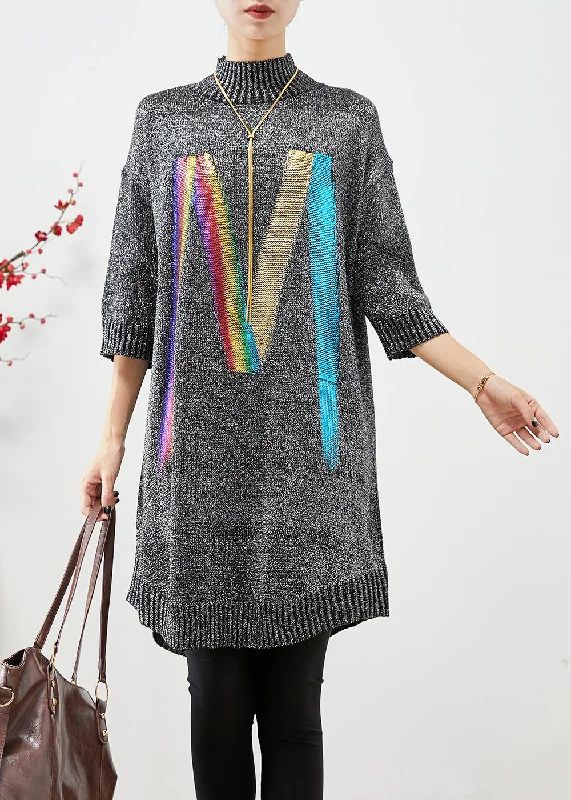 Chic Grey Stand Collar Sequins Knit Sweater Dress Half Sleeve Chenille Brocade Lace