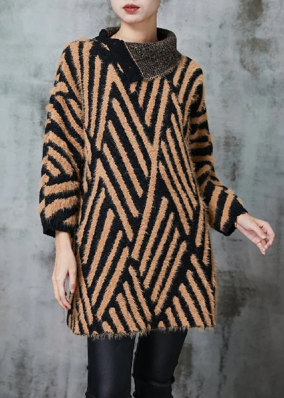 Chic Khaki Turtle Neck Striped Knit Long Sweater Winter Zippered Buttoned Snapped