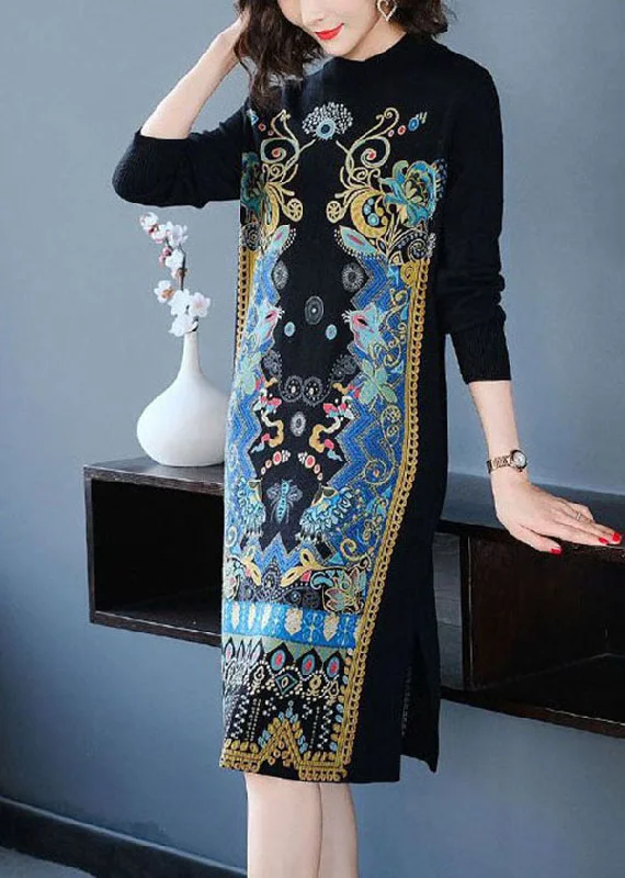 Classy Black Turtle Neck Side Open Print Knit Sweater Dress Winter Modern Contemporary Chic Classy Black Turtle Neck Side Open Print Knit Sweater Dress Winter Modern Contemporary Chic