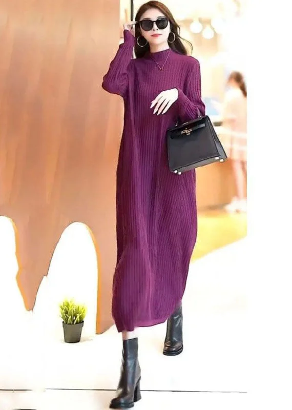Classy Purple Stand Collar Solid Color Knit Long Sweater Dress Spring Wool Sweater Cotton Sweater Cashmere Sweater Classy Purple Stand Collar Solid Color Knit Long Sweater Dress Spring Wool Sweater Cotton Sweater Cashmere Sweater