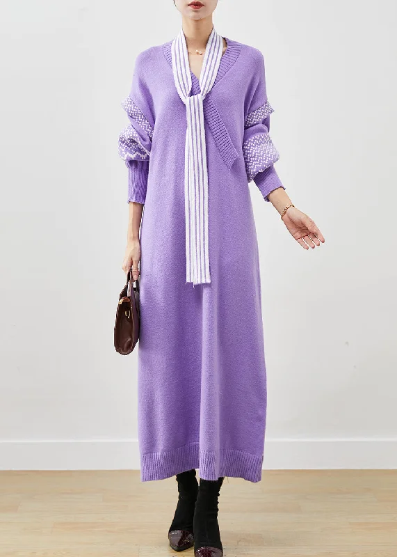 Classy Purple V Neck Patchwork Knit Long Sweater Lantern Sleeve Satin Blend Silk Blend Wool Blend Classy Purple V Neck Patchwork Knit Long Sweater Lantern Sleeve Satin Blend Silk Blend Wool Blend