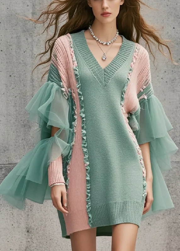 DIY Green Ruffled Patchwork Tulle Long Sweater Fall Real Fur Shearling Chenille