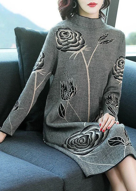 Elegant Black Stand Collar Print Knit Sweater Dress Winter Fitted Slim Tailored