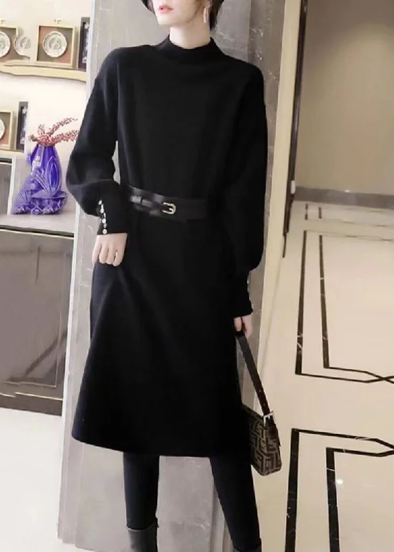 Elegant Black Stand Collar Tie Waist Patchwork Knit Sweater Dress Fall High Neck Crew Neck V-Neck Elegant Black Stand Collar Tie Waist Patchwork Knit Sweater Dress Fall High Neck Crew Neck V-Neck