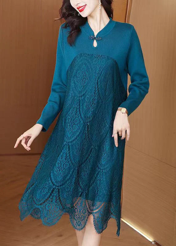 Elegant Blue Stand Collar Knit Patchwork Lace Sweater Dress Fall Turtle Neck Boat Neck Asymmetrical Neck Elegant Blue Stand Collar Knit Patchwork Lace Sweater Dress Fall Turtle Neck Boat Neck Asymmetrical Neck