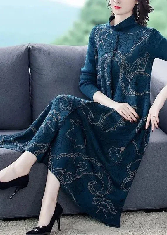 Elegant Blue Stand Collar Print Exra Large Hem Wool Knit Sweater Dress Winter Rayon Fabric Velvet Fabric Corduroy Fabric