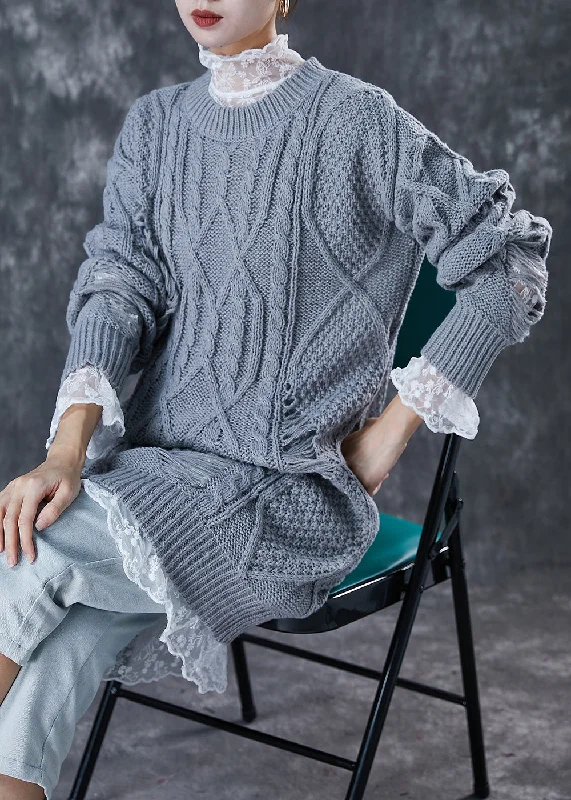Elegant Grey Hollow Out Knit Ripped Sweater Dress Winter Welt Pockets Slit Pockets Flap Pockets Elegant Grey Hollow Out Knit Ripped Sweater Dress Winter Welt Pockets Slit Pockets Flap Pockets