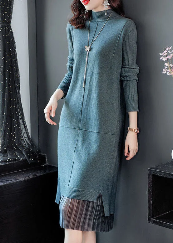 Elegant Lake Blue Turtle Neck Patchwork Knit Long Sweater Winter Seamless Knitted Crochet Elegant Lake Blue Turtle Neck Patchwork Knit Long Sweater Winter Seamless Knitted Crochet
