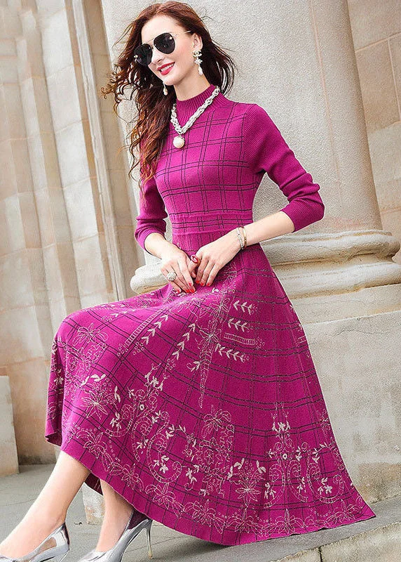 Elegant Rose Turtle Neck Plaid Knit Sweater Dress Winter Elegant Classic Vintage