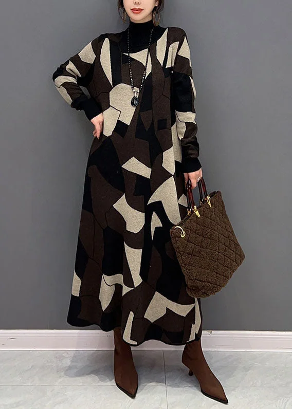 Fashion Chocolate Hign Neck Geometric Print Knit Sweater Dress Winter Boat Neck Shawl Collar Notched Collar Fashion Chocolate Hign Neck Geometric Print Knit Sweater Dress Winter Boat Neck Shawl Collar Notched Collar