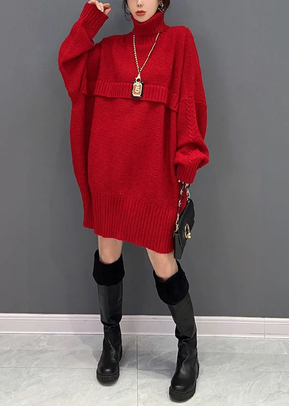 Fashion Red Hign Neck Oversized Thick Knit Sweaters Winter Striped Floral Plaid