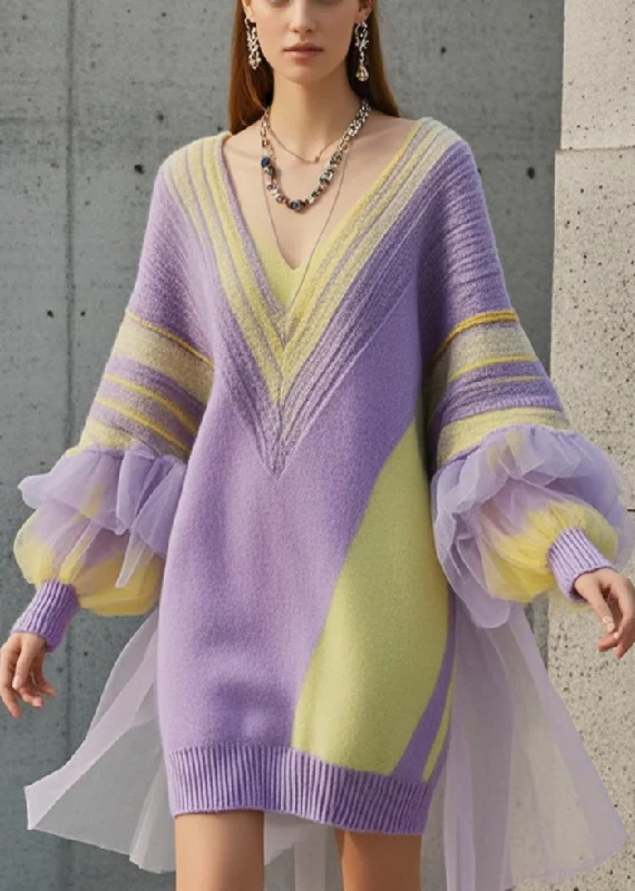 Fine Purple Oversized Patchwork Tulle Long Sweater Fall Boxy Sweater Fitted Sweater A-Line Fine Purple Oversized Patchwork Tulle Long Sweater Fall Boxy Sweater Fitted Sweater A-Line