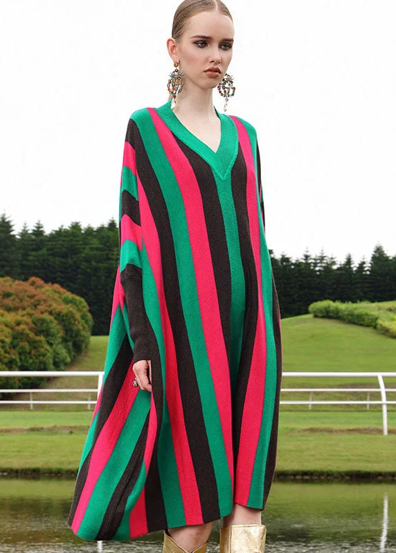 Fine Red V Neck Striped Woolen Long Sweater Dress Long Sleeve Soft Cozy Warm