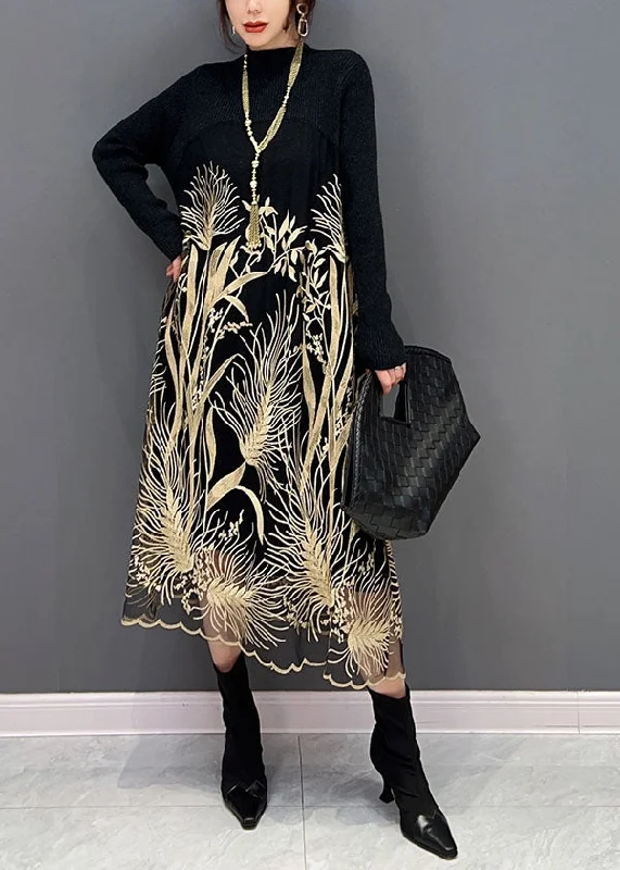 French Black High Neck Tulle Patchwork Print Knit Sweater Dress Spring Satin Fabric Silk Fabric Chiffon Fabric French Black High Neck Tulle Patchwork Print Knit Sweater Dress Spring Satin Fabric Silk Fabric Chiffon Fabric