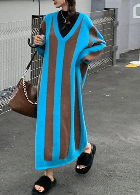 French Blue V Neck Striped Patchwork Cozy Knit Sweater Dress Winter Satin Blend Silk Blend Wool Blend French Blue V Neck Striped Patchwork Cozy Knit Sweater Dress Winter Satin Blend Silk Blend Wool Blend