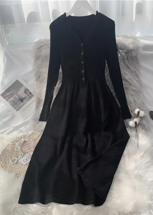 French Button Knitted Sweater Long Over-the-knee Slim Dress Elasticated Padded Insulated French Button Knitted Sweater Long Over-the-knee Slim Dress Elasticated Padded Insulated