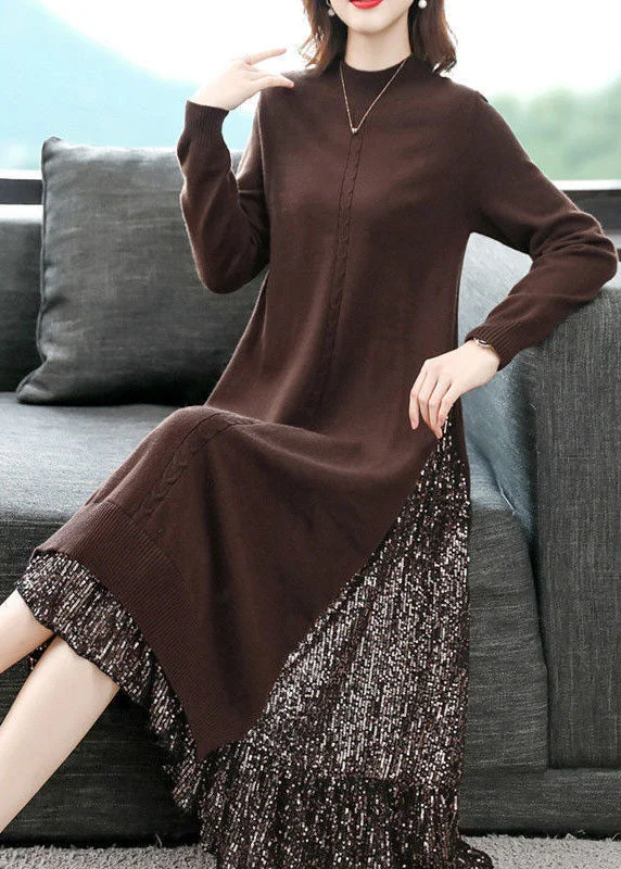 French Chocolate Turtle Neck Patchwork Sequins Knit Long Sweater Dress Long Sleeve Iron Safe Non-Iron Wrinkle Free French Chocolate Turtle Neck Patchwork Sequins Knit Long Sweater Dress Long Sleeve Iron Safe Non-Iron Wrinkle Free