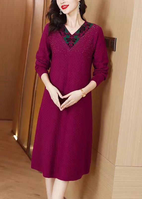 French Dark Purple V Neck Zircon Knit Sweater Dress Winter Cable Knit Ribbed Knit Lace Knit French Dark Purple V Neck Zircon Knit Sweater Dress Winter Cable Knit Ribbed Knit Lace Knit
