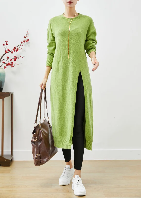 Grass Green Oversized Knit Sweater Dress Side Open Fall Mesh Sweater Canvas Denim