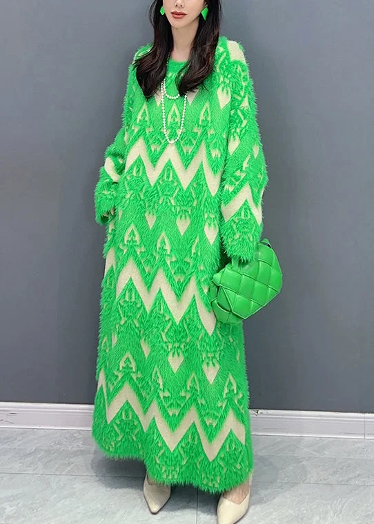 Green Patchwork Teddy Knit Sweater Dress O Neck Long Sleeve Terry Blend Velvet Blend Canvas Blend Green Patchwork Teddy Knit Sweater Dress O Neck Long Sleeve Terry Blend Velvet Blend Canvas Blend