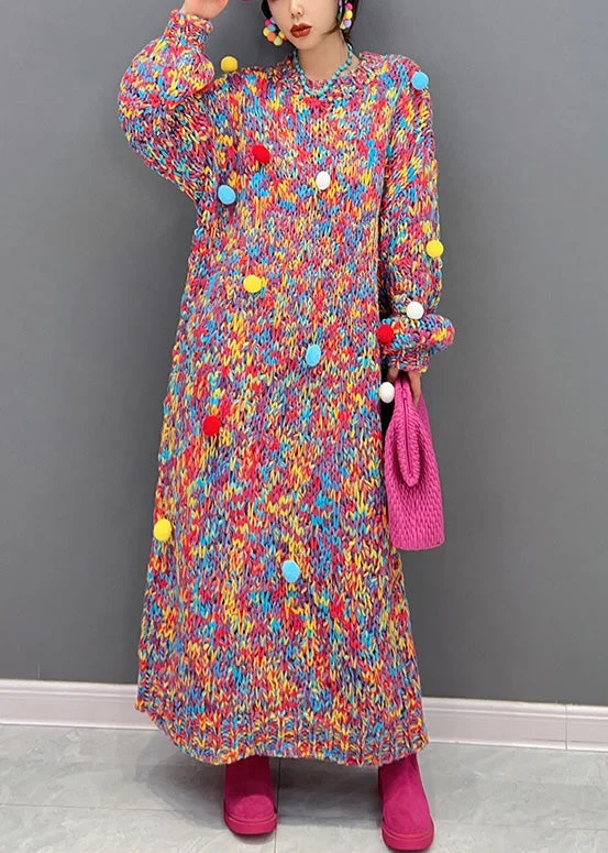 Handmade O-Neck Print Fuzzy Ball Decorated Knit Long Sweaters Dresses Winter Welt Pockets Slit Pockets Flap Pockets Handmade O-Neck Print Fuzzy Ball Decorated Knit Long Sweaters Dresses Winter Welt Pockets Slit Pockets Flap Pockets