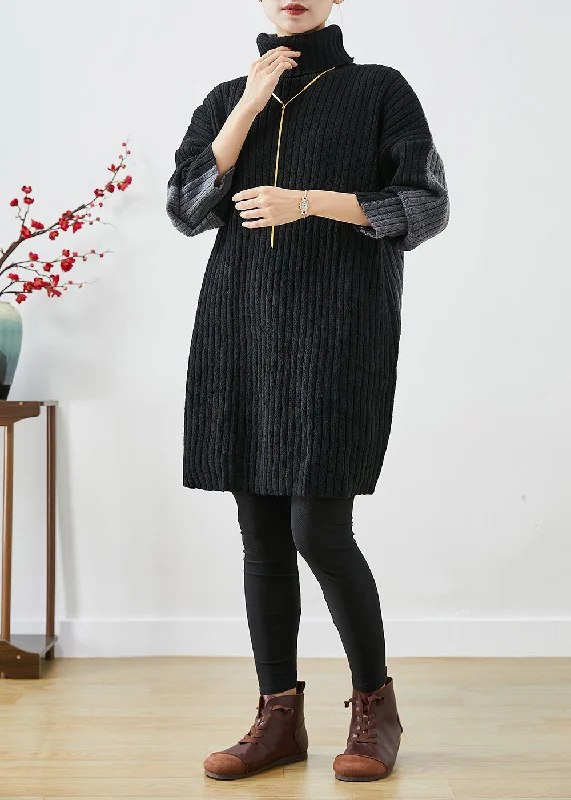 Italian Black Grey Turtle Neck Patchwork Knit Wear On Both Sides Sweater Dress Winter Handmade Hand-knitted Hand-woven Italian Black Grey Turtle Neck Patchwork Knit Wear On Both Sides Sweater Dress Winter Handmade Hand-knitted Hand-woven