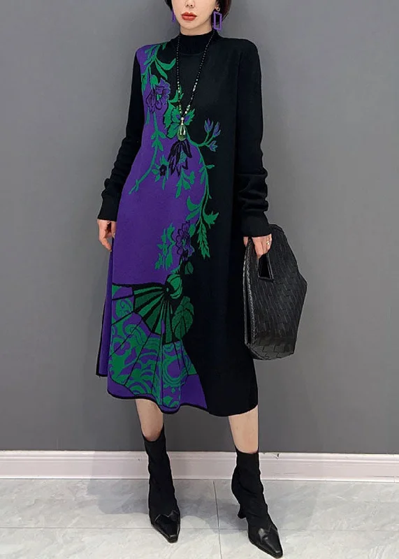Italian Black Hign Neck Print Knit Sweater Dress Winter Spandex Blend Rayon Blend Denim Blend Italian Black Hign Neck Print Knit Sweater Dress Winter Spandex Blend Rayon Blend Denim Blend