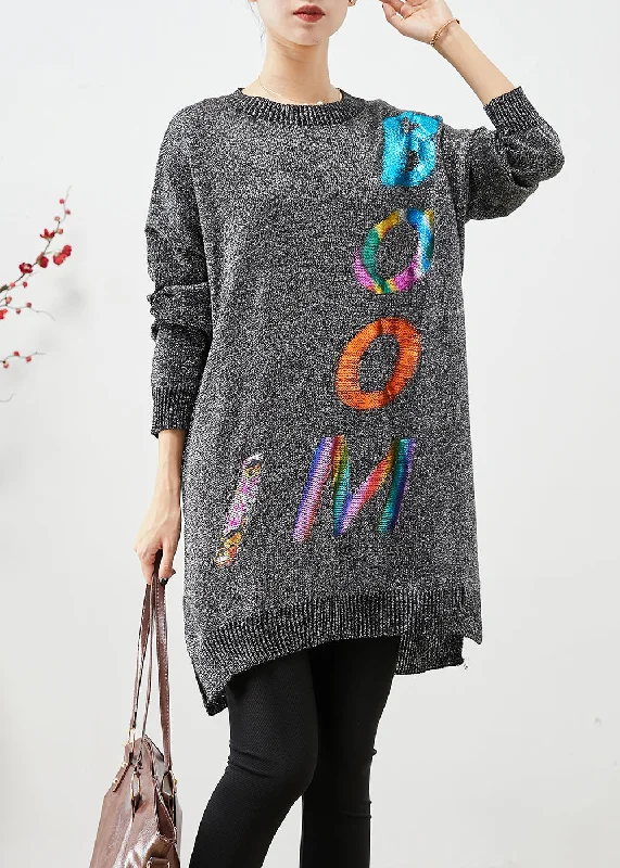 Italian Grey Oversized Letter Print Knit Sweater Dress Fall Fleece Sweater Nylon Polyester Italian Grey Oversized Letter Print Knit Sweater Dress Fall Fleece Sweater Nylon Polyester