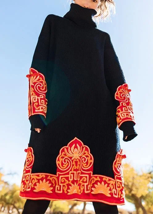 Knitted black Sweater Wardrobes Vintage embroidery oversized high neck knit dress Front Pockets Side Pockets Patch Pockets Knitted black Sweater Wardrobes Vintage embroidery oversized high neck knit dress Front Pockets Side Pockets Patch Pockets
