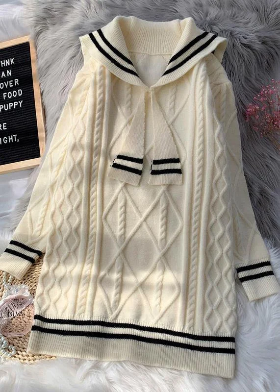 Knitted high neck patchwork Sweater fall dresses plus size beige daily sweater dresses Toggled Drawstring Belted