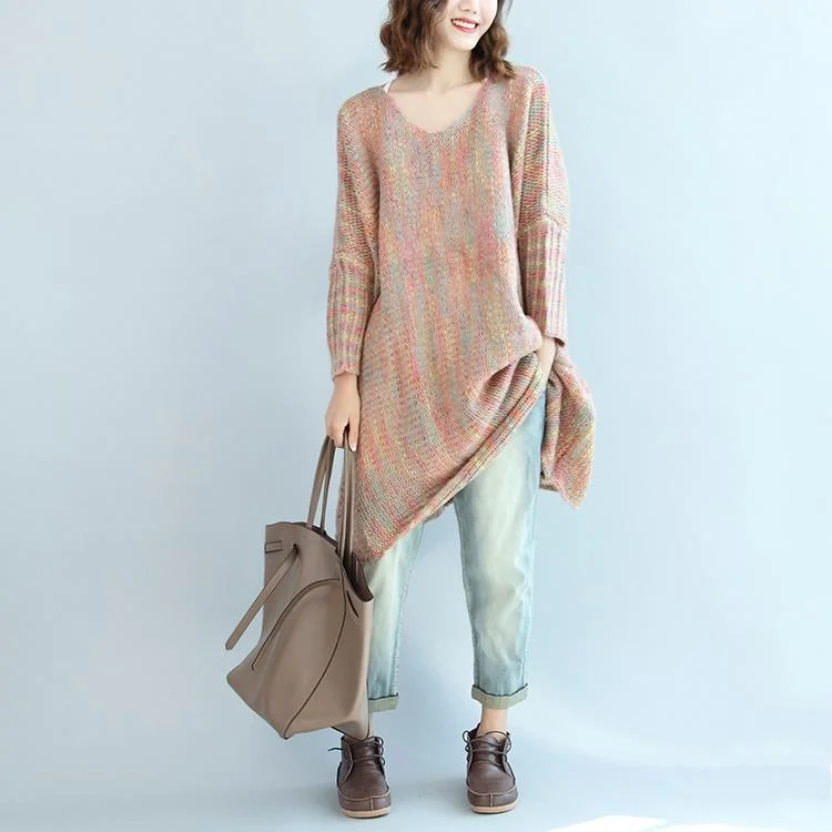 Light Pink Multi Casual Sweater Dresses Plus Size Woolen Warm 2024 Knitted Dresses Ribbed Striped Patterned