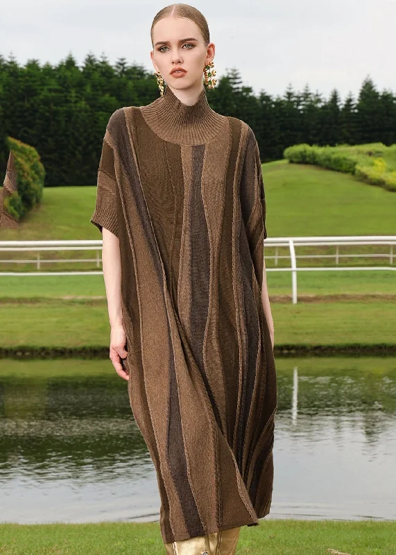 Loose Brown Striped Patchwork Woolen Knit Sweaters Long Dresses Short Sleeve Transparent Opaque Sheer