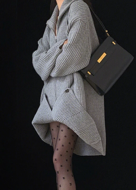 Loose Grey Peter Pan Collar Zip Up Knit Sweater Dress Fall Graphic Sweater Embroidered Appliqued Loose Grey Peter Pan Collar Zip Up Knit Sweater Dress Fall Graphic Sweater Embroidered Appliqued
