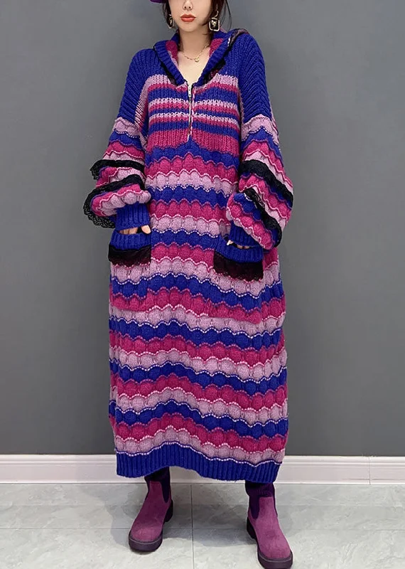 Loose Purple Zippered Striped Hooded Knit Maxi Sweater Dress Winter Collared Crew Neck Turtle Neck Loose Purple Zippered Striped Hooded Knit Maxi Sweater Dress Winter Collared Crew Neck Turtle Neck