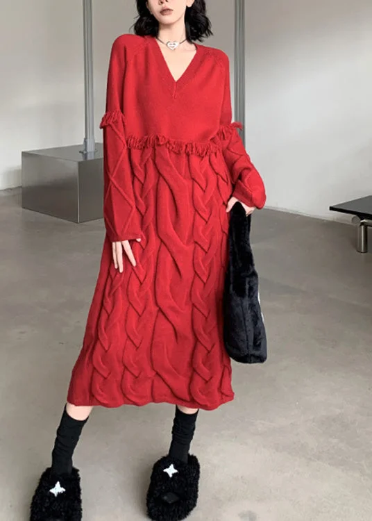 Loose Red V Neck Tassel Cable Knit Sweater Dress Winter Toggled Drawstring Belted