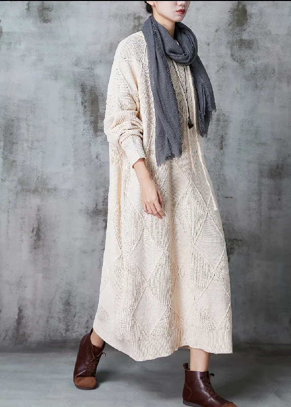 Modern Beige Hooded Oversized Knit Sweater Dress Spring Stylish Fashionable Trendy
