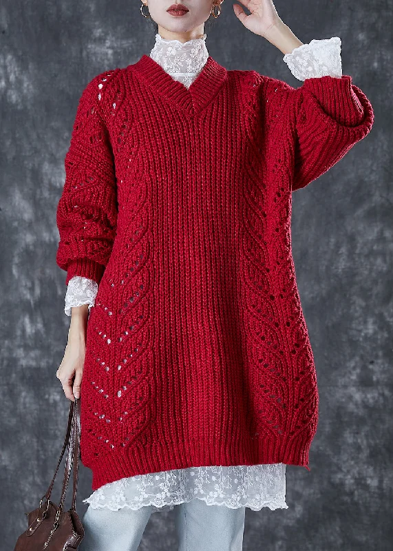 Modern Mulberry V Neck Hollow Out Cable Knit Sweater Dress Winter Fitted Loose Oversized Modern Mulberry V Neck Hollow Out Cable Knit Sweater Dress Winter Fitted Loose Oversized