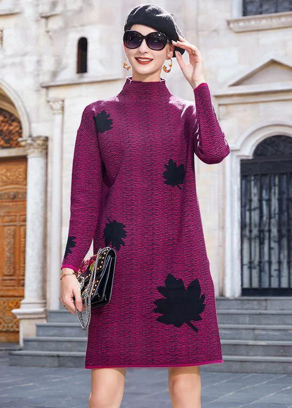 Modern Purple High Neck Maple Leaves Jacquard Knit Long Sweater Winter Glossy Satin Silk