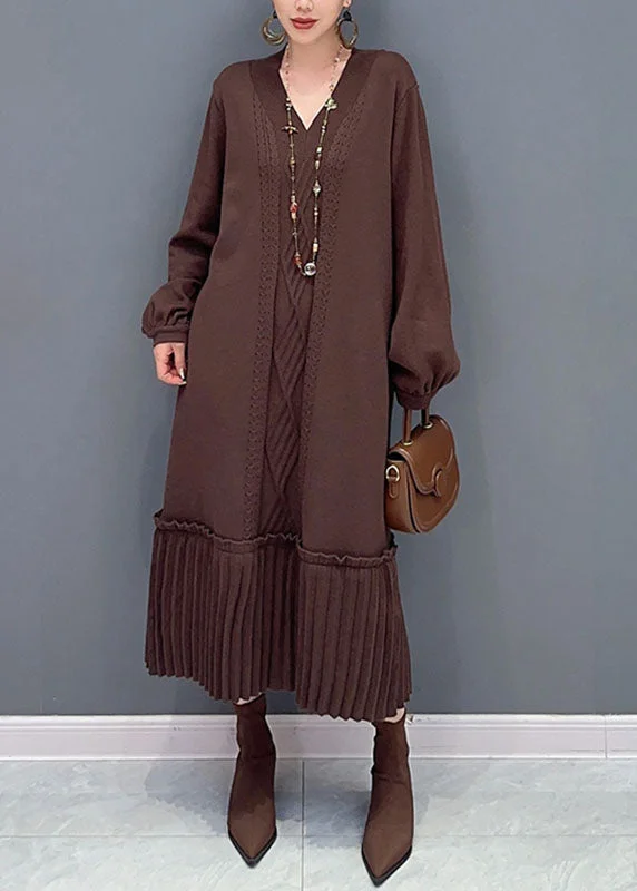 Natural Brown V Neck Patchwork Knit Maxi Sweater Dress Fall Velvet Chenille Corduroy Natural Brown V Neck Patchwork Knit Maxi Sweater Dress Fall Velvet Chenille Corduroy
