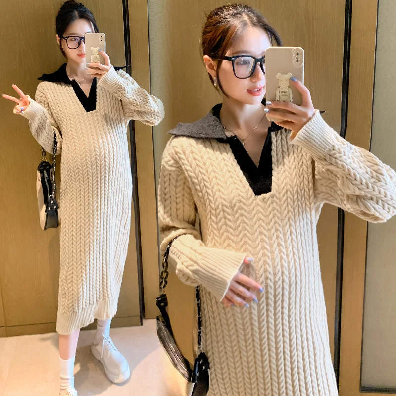 NiDELL Maternity Dress . Autumn and Winter New Korean Style Fashionable Casual Simple Temperament Contrast Color Lapels Sweaters Dress Stretchy Elastic Breathable NiDELL Maternity Dress . Autumn and Winter New Korean Style Fashionable Casual Simple Temperament Contrast Color Lapels Sweaters Dress Stretchy Elastic Breathable