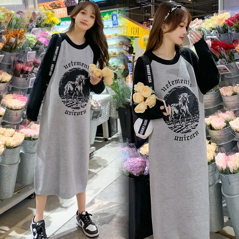 NiDELL Maternity Dress . Autumn New Korean Style Fashion Loose Slimming Trendy Mom Sweater Long Dress Solid Color Striped Floral Print NiDELL Maternity Dress . Autumn New Korean Style Fashion Loose Slimming Trendy Mom Sweater Long Dress Solid Color Striped Floral Print